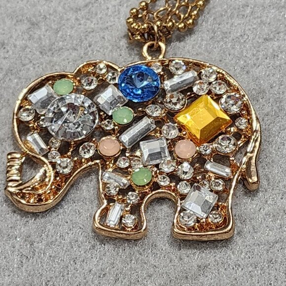 Crystal Embellished Elephant Gold Tone Double Chain 15" Drop Pendant Necklace - Picture 1 of 16